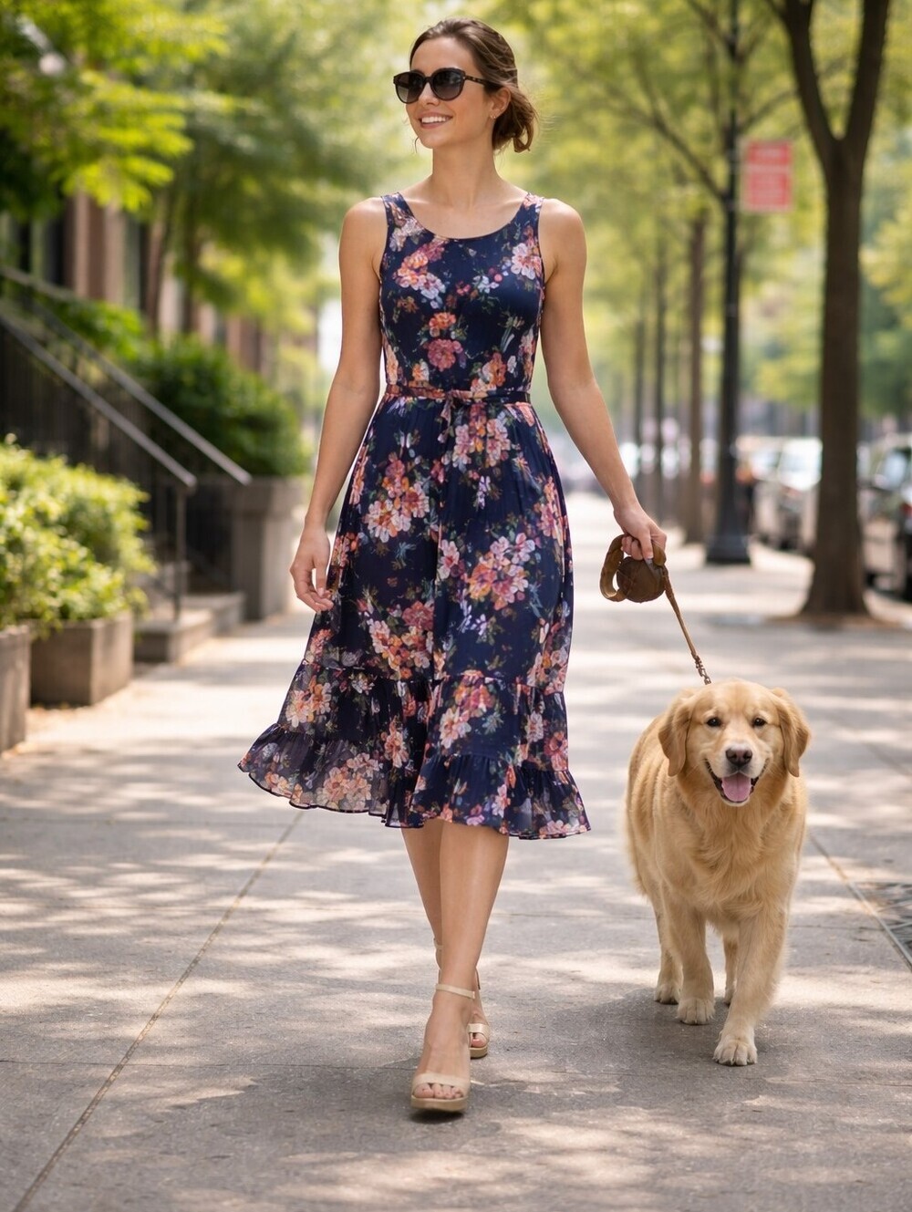 Dressbarn Navy Lined Summer Midi Dress w/ Floral Print Tie Waist.  NWT